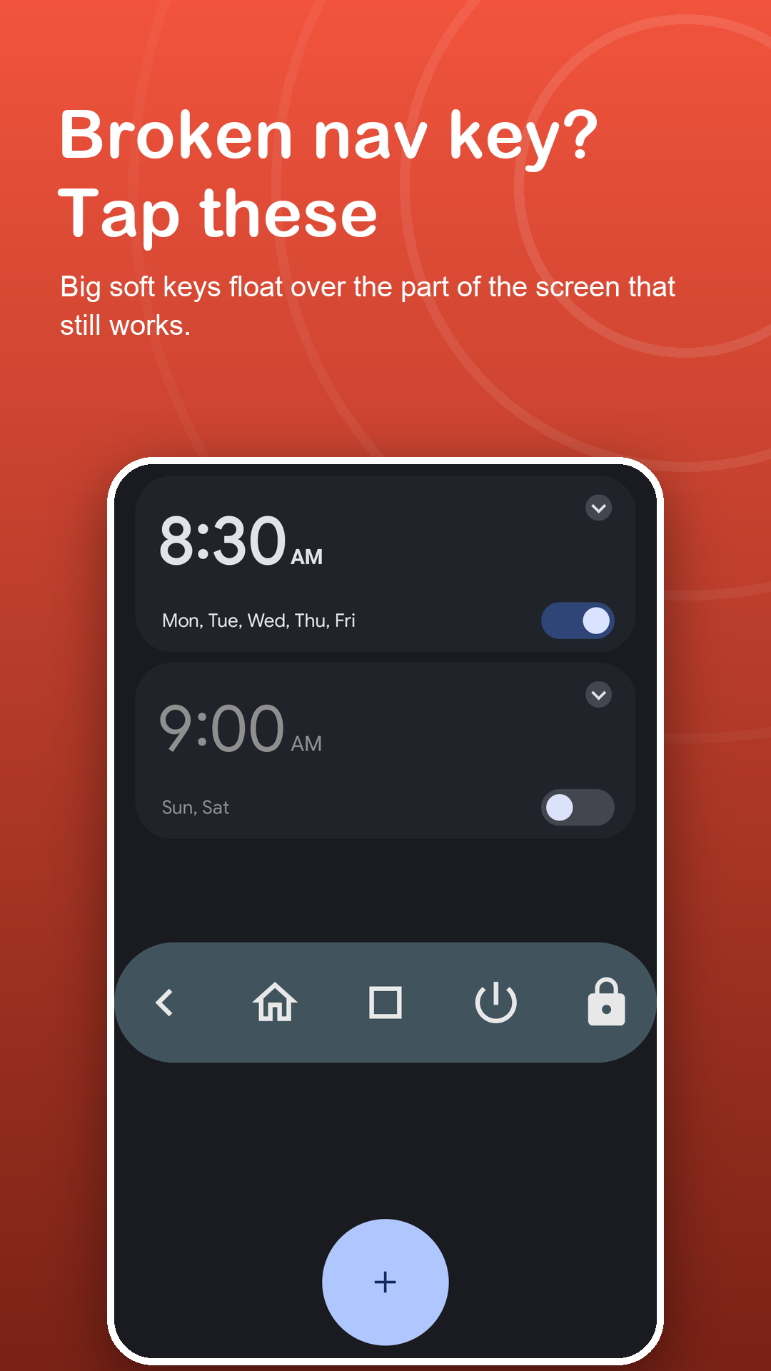 Large on-screen navigation bar with Back, Home, Recents, Power and Lock keys
