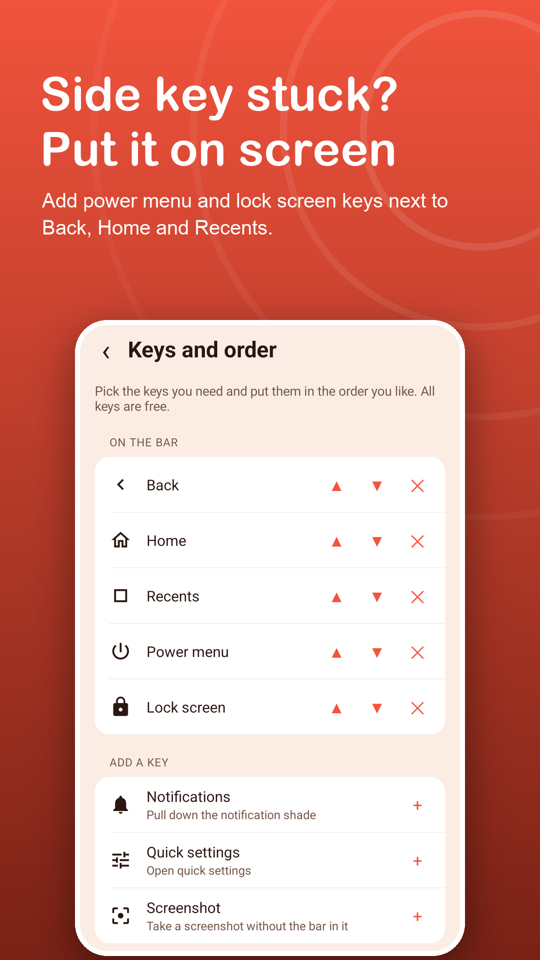 Keys and order screen with power menu and lock screen keys added